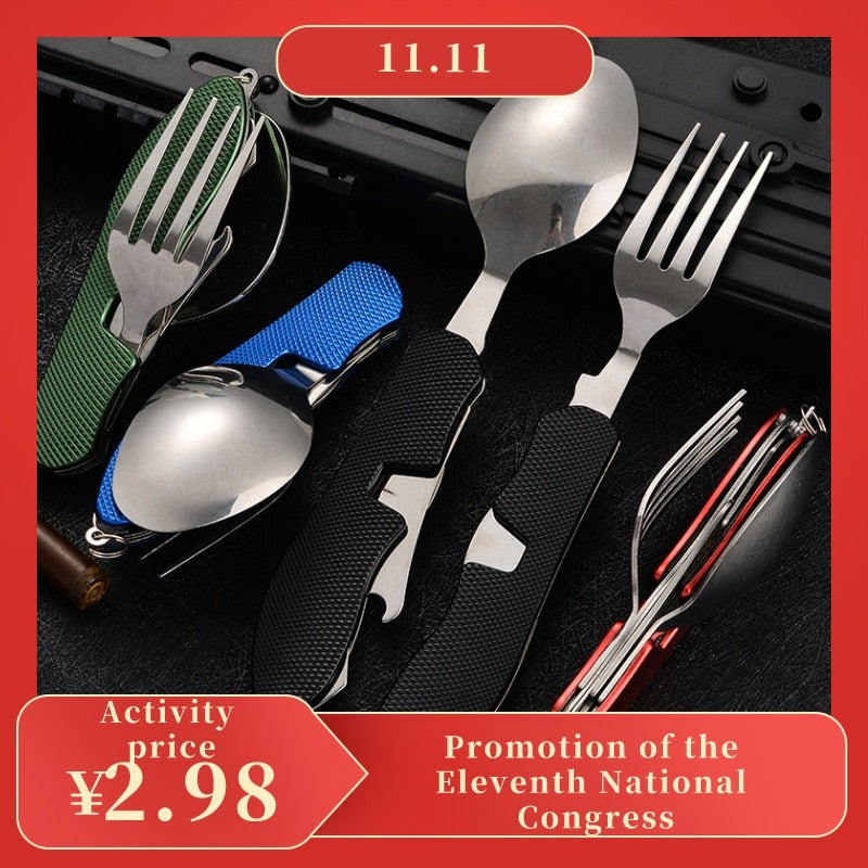 Tablespoon Set 4 In 1 Foldable Spoon Knife Fork Bottle Opener Stainless Steel Folding Pocket Kits Outdoor Tableware Set