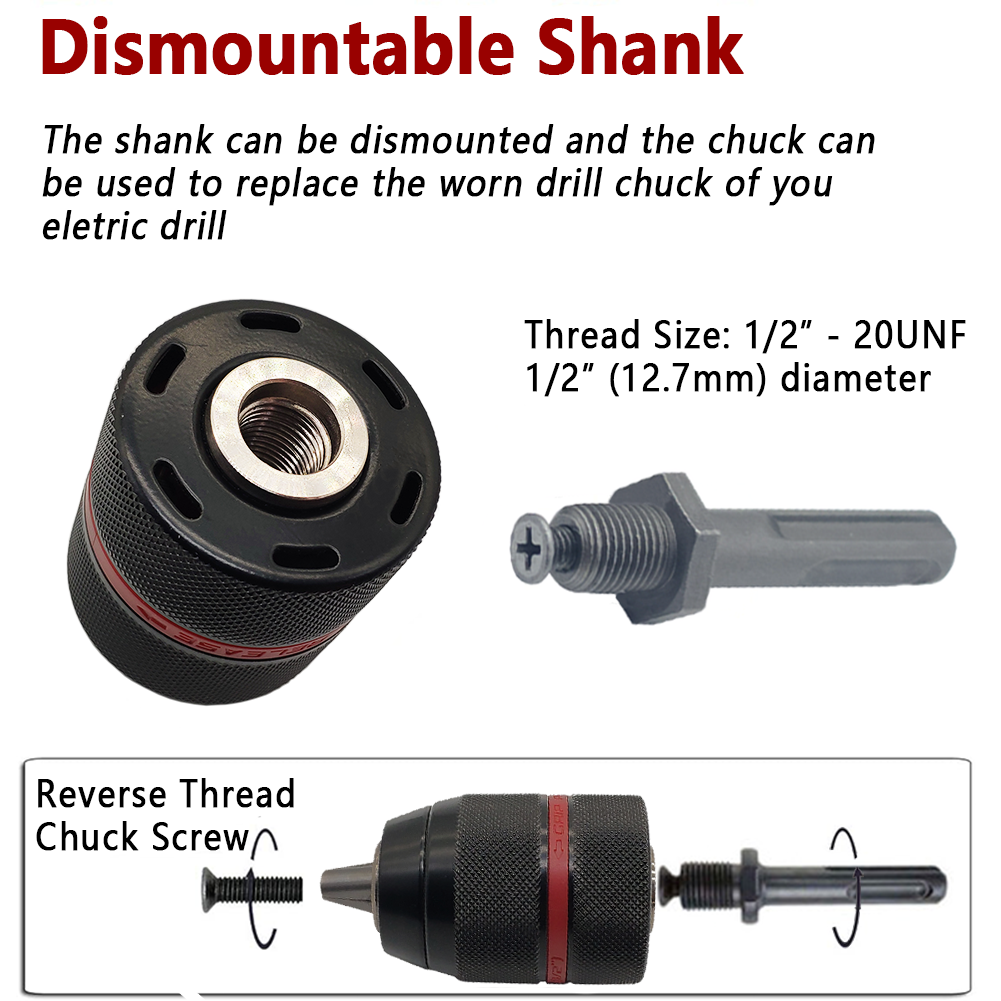 Metal Heavy Duty 1/2-20UNF 13mm Keyless Drill Chuck Hex Shank/SDS/Socket Square Female Adaptor Hardware Tool Professional