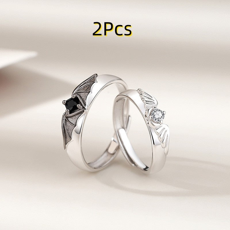 Romantic Angel and Demon Wings Couple Rings For Women Goth Fashion Moonstone Adjustable Opening Finger Men&#39;s Ring Party Jewelry