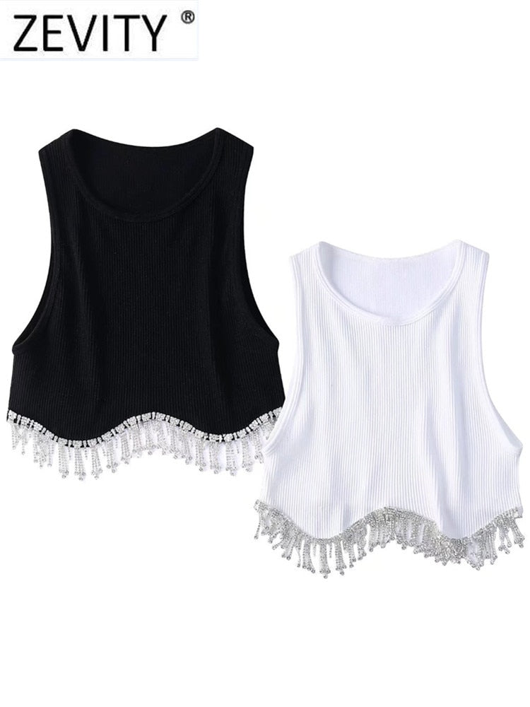 Zevity Women High Street Sexy Hem Tassel Diamond Beading Knitting T Shirt Chic Short Camis Tank Lady Slim Crop Vest Tops LS1311