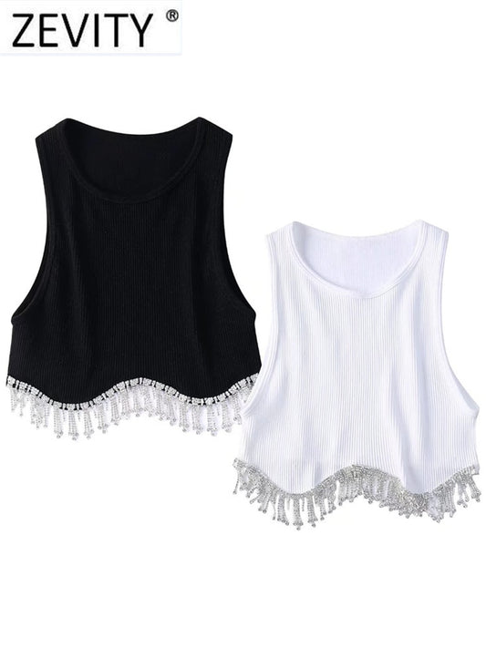 Zevity Women High Street Sexy Hem Tassel Diamond Beading Knitting T Shirt Chic Short Camis Tank Lady Slim Crop Vest Tops LS1311