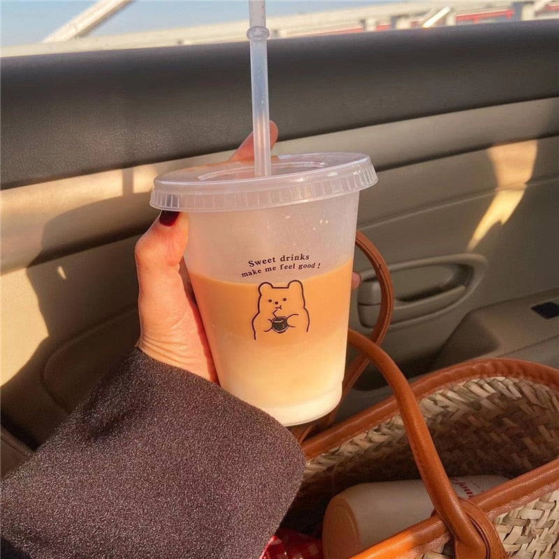 Cute Water Bottle For Coffee Juice Milk Tea Kawaii Plastic Cold Cups With Lid Straw Portable Reusable Drinking Bottle BPA Free