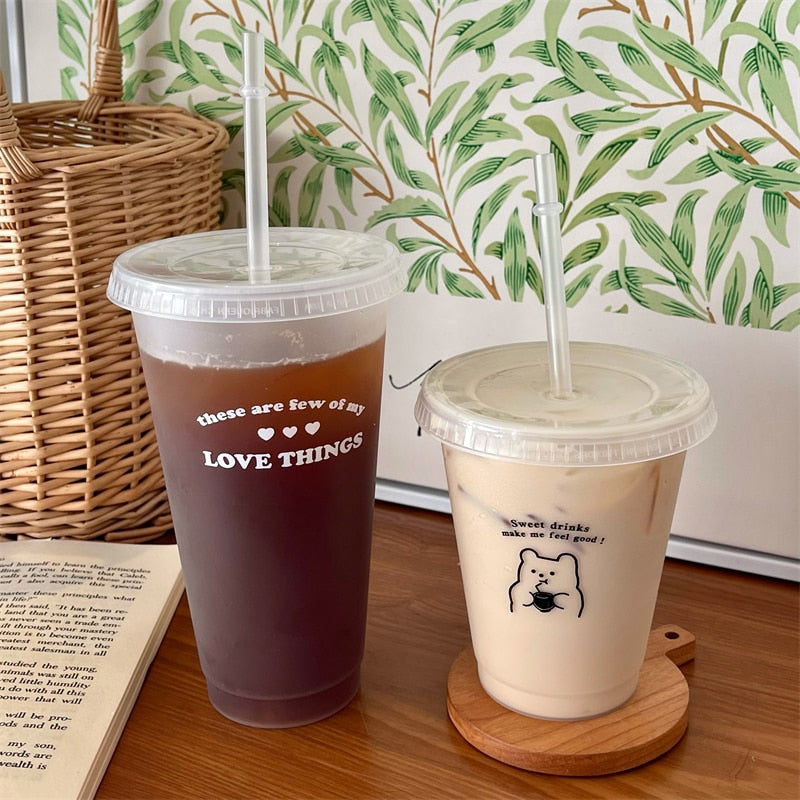 Cute Water Bottle For Coffee Juice Milk Tea Kawaii Plastic Cold Cups With Lid Straw Portable Reusable Drinking Bottle BPA Free