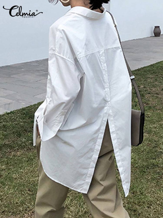 Celmia 2023 Fashion Shirts White Tunic Tops Autumn Women Long Sleeve Blouse Casual Solid Button Asymmetrical Loose Party Blusas