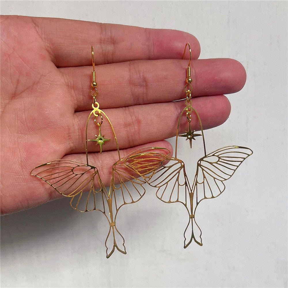 Moth Charm Gold Plated Earrings For Women Girls Boho Jewelry Accessories Hollow Butterfly Pendants Ear Hooks Beautiful Earring