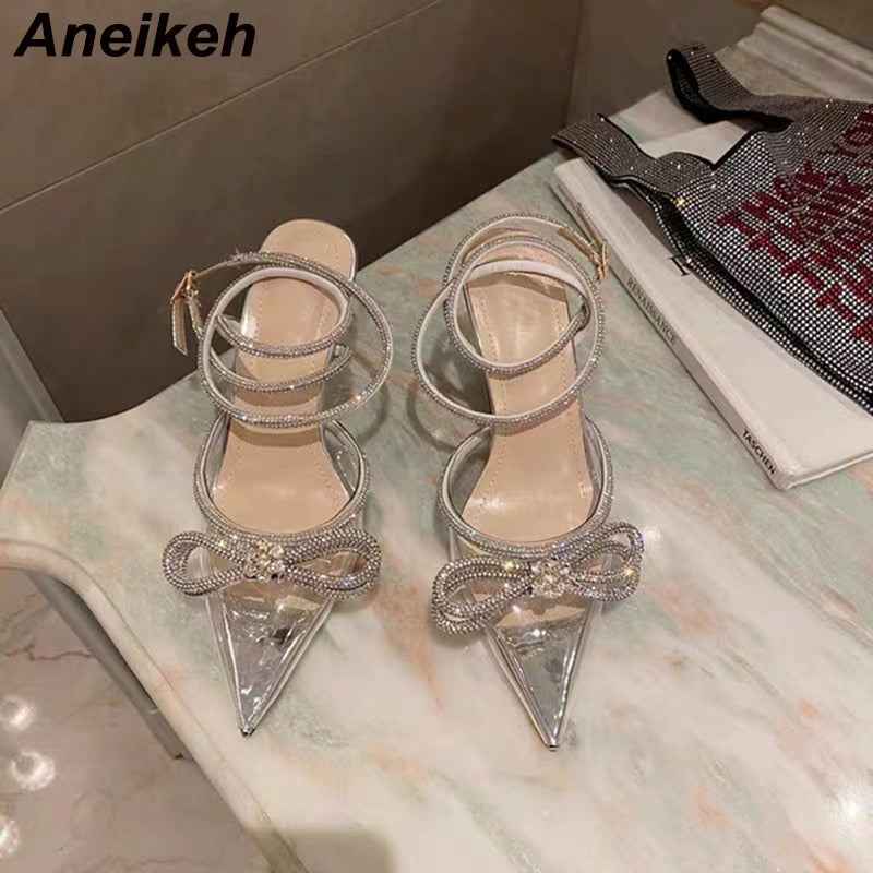 Aneikeh Spring/Autumn 2023 Women&#39;s Shoes Fashion Butterfly-Knot Narrow Band Bling Patchwork Cross-Tied Crystal Pointed Toe Pumps