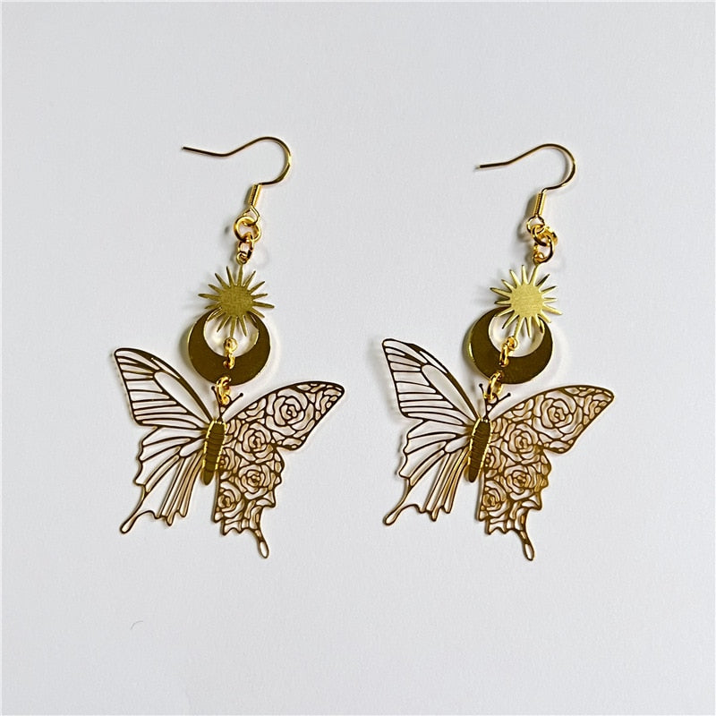 Moth Charm Gold Plated Earrings For Women Girls Boho Jewelry Accessories Hollow Butterfly Pendants Ear Hooks Beautiful Earring