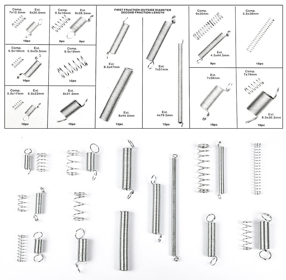 200/150/100/50Pcs Storage Box Accessories Extension And Compression Coil Portable Hardware Tool Spring Set Metal Steel Assorted