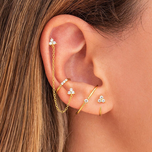 New Stainless Steel Cubic Zirconia Link Chain Ear Studs Earrings For Women Triangle Pendant Cartilage Earrings Piercing Jewelry