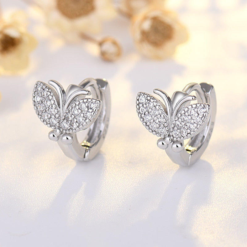 925 Sterling Silver Ear Needle Butterfly Hoop Earrings Colorful Crystal Animal Pendant Earrings for Women Party Fashion Jewelry