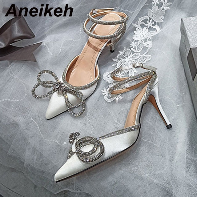 Aneikeh Spring/Autumn 2023 Women&#39;s Shoes Fashion Butterfly-Knot Narrow Band Bling Patchwork Cross-Tied Crystal Pointed Toe Pumps