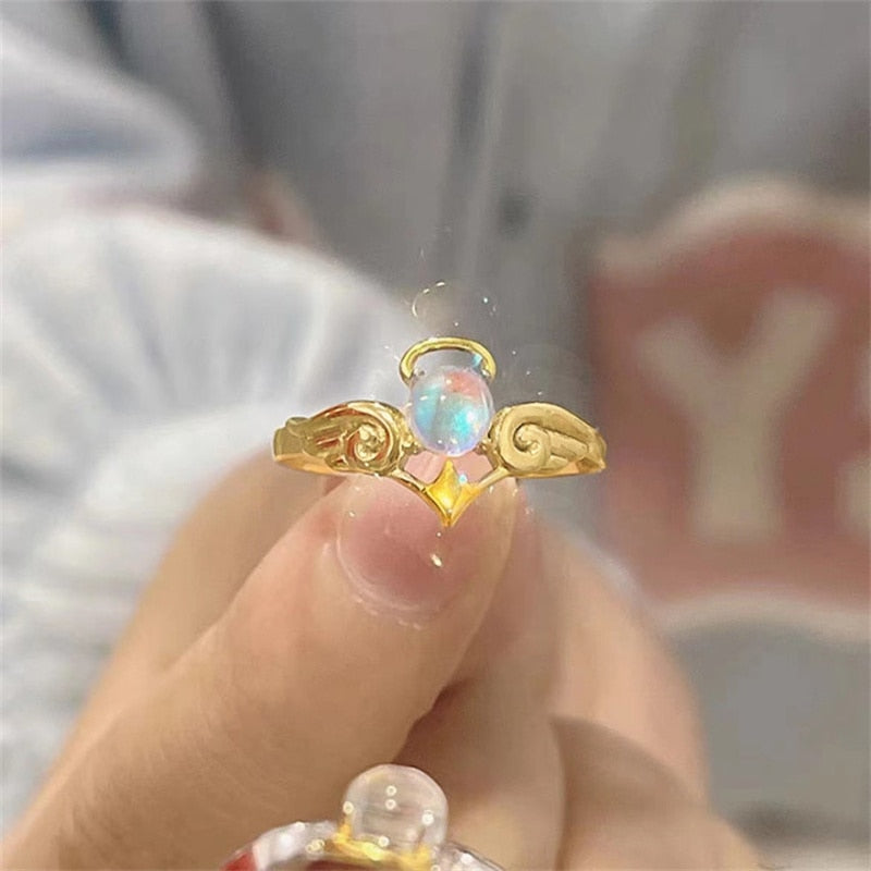 Romantic Angel and Demon Wings Couple Rings For Women Goth Fashion Moonstone Adjustable Opening Finger Men&#39;s Ring Party Jewelry