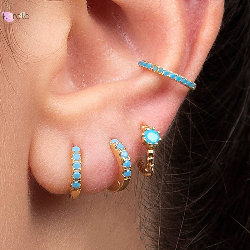 2022 Trend Blue Turquoises Series Hoop Earrings 925 Sterling Silver Ear Needle Small Earrings For Women Delicate Jewelry Pendant