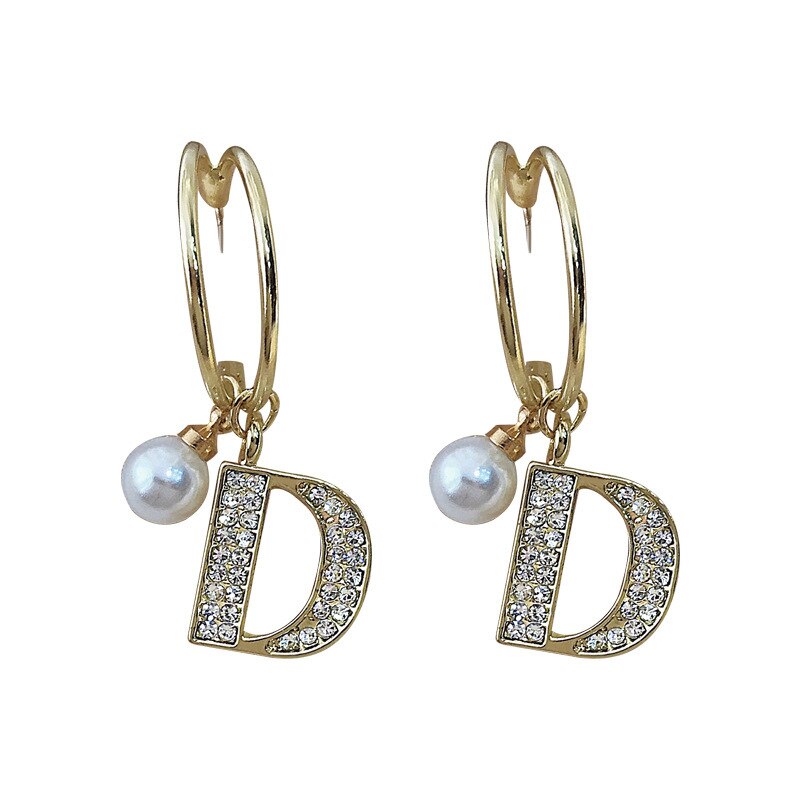 Light Luxury Pretty Letter D Pendant Earrings Noble Exquisite Artificial Pearl Ear Studs Female Fashion Gorgeous Jewelry