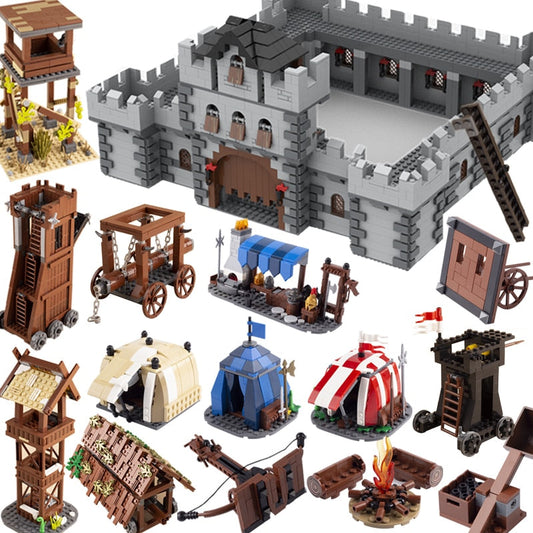 Medieval Castle Wall Model Building Blocks Ancient Military Siege Weapons Tent Watchtower Chariot Bonfire Carriage Bricks Toys