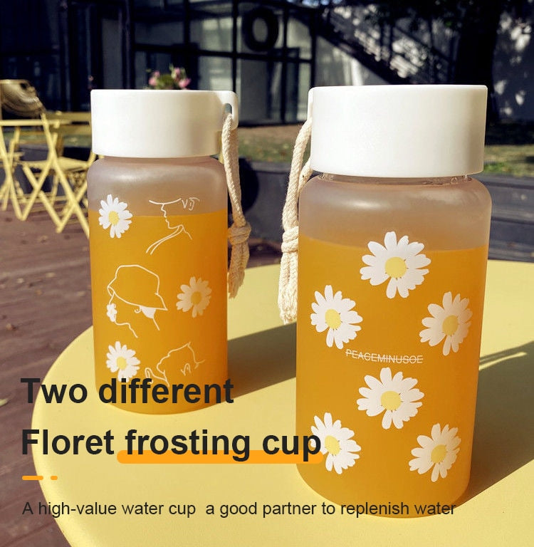 Large Mouth Frosted Daisy Portable Hemp Rope Plastic Water Cup Summer Fashion Girl Casual Water Bottle