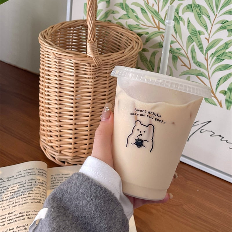 Cute Water Bottle For Coffee Juice Milk Tea Kawaii Plastic Cold Cups With Lid Straw Portable Reusable Drinking Bottle BPA Free
