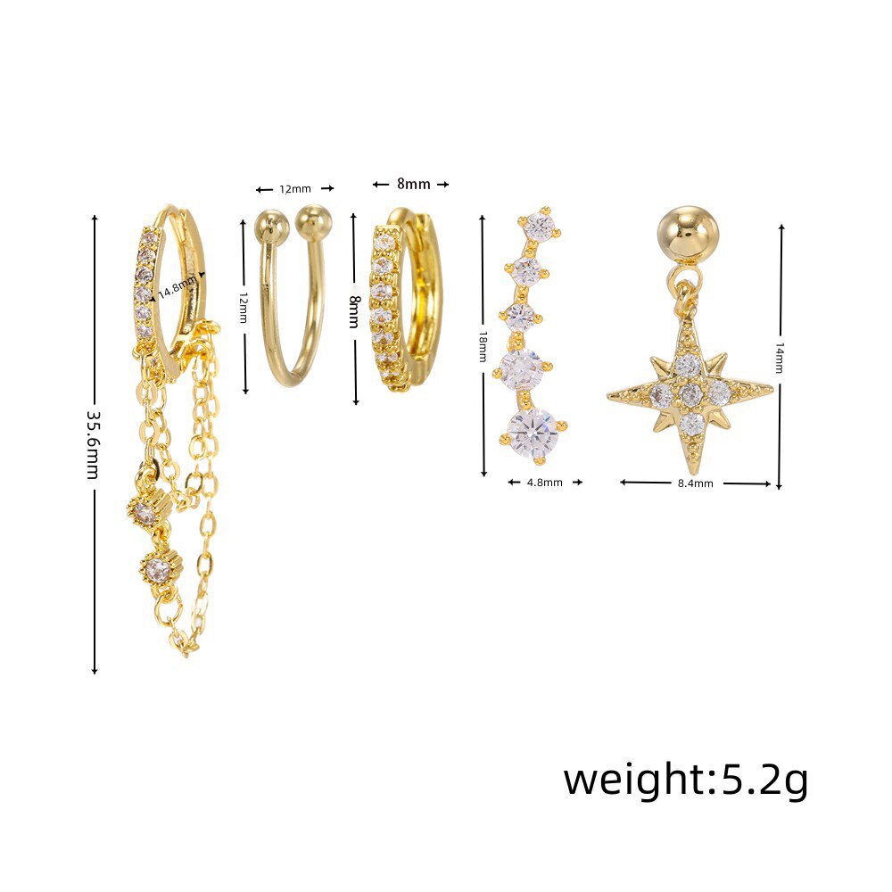2PCS New Fashion Gold Color Crystal Zirconia Chain Hoop Earrings Women Small Pendant Star Ear Cartilage Earring Piercing Jewelry
