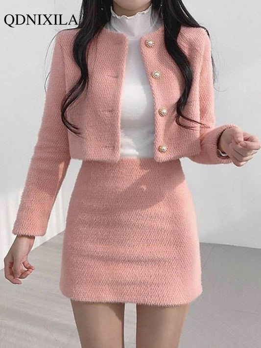 2023 Spring Summer Korean Fashion Sweet Women&#39;s Suit with Skirt Two Piece Set for Women Dress Sets Matching Outfit Elegant Tweed