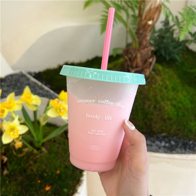 Cute Water Bottle For Coffee Juice Milk Tea Kawaii Plastic Cold Cups With Lid Straw Portable Reusable Drinking Bottle BPA Free