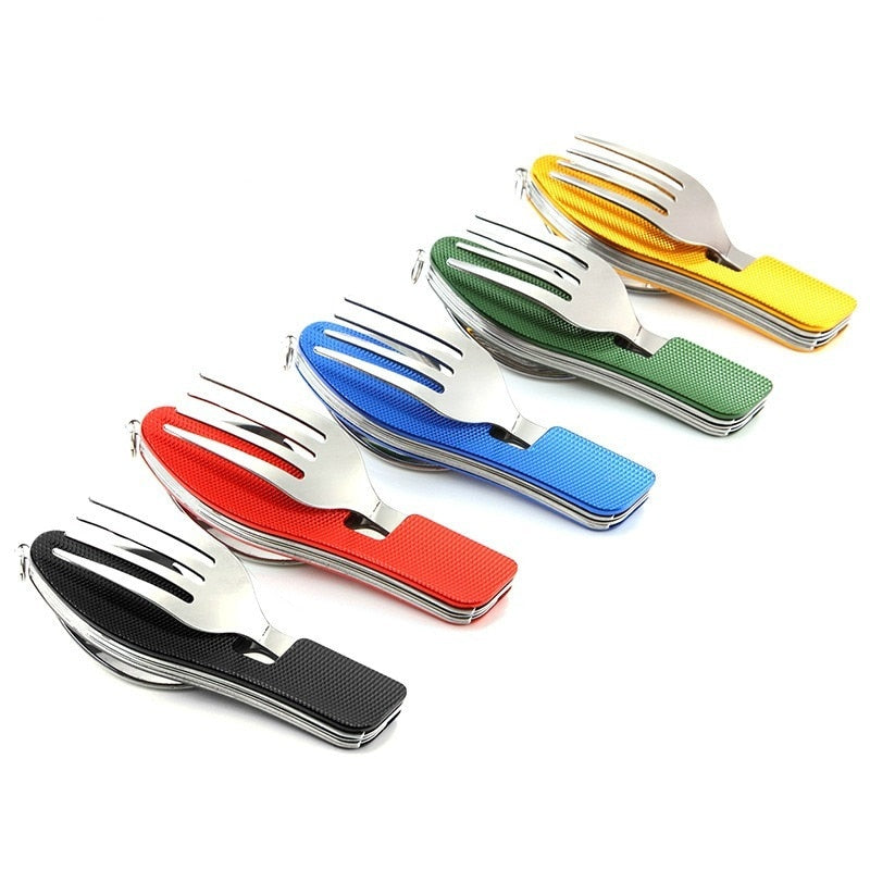 Tablespoon Set 4 In 1 Foldable Spoon Knife Fork Bottle Opener Stainless Steel Folding Pocket Kits Outdoor Tableware Set