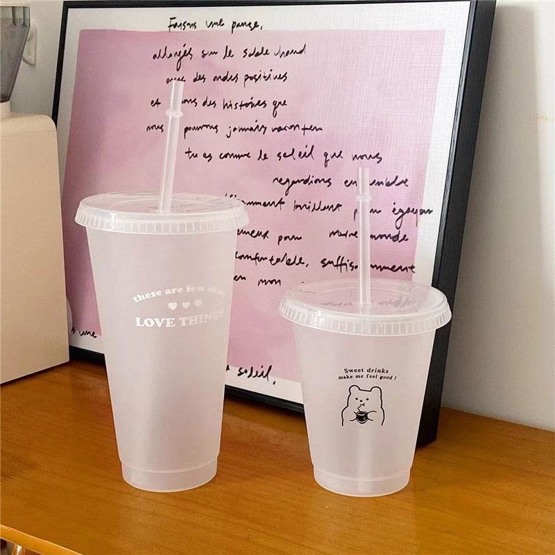 Cute Water Bottle For Coffee Juice Milk Tea Kawaii Plastic Cold Cups With Lid Straw Portable Reusable Drinking Bottle BPA Free