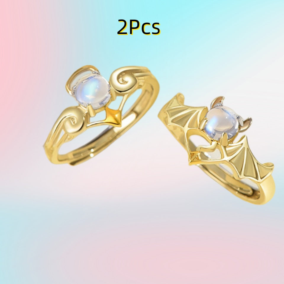 Romantic Angel and Demon Wings Couple Rings For Women Goth Fashion Moonstone Adjustable Opening Finger Men&#39;s Ring Party Jewelry