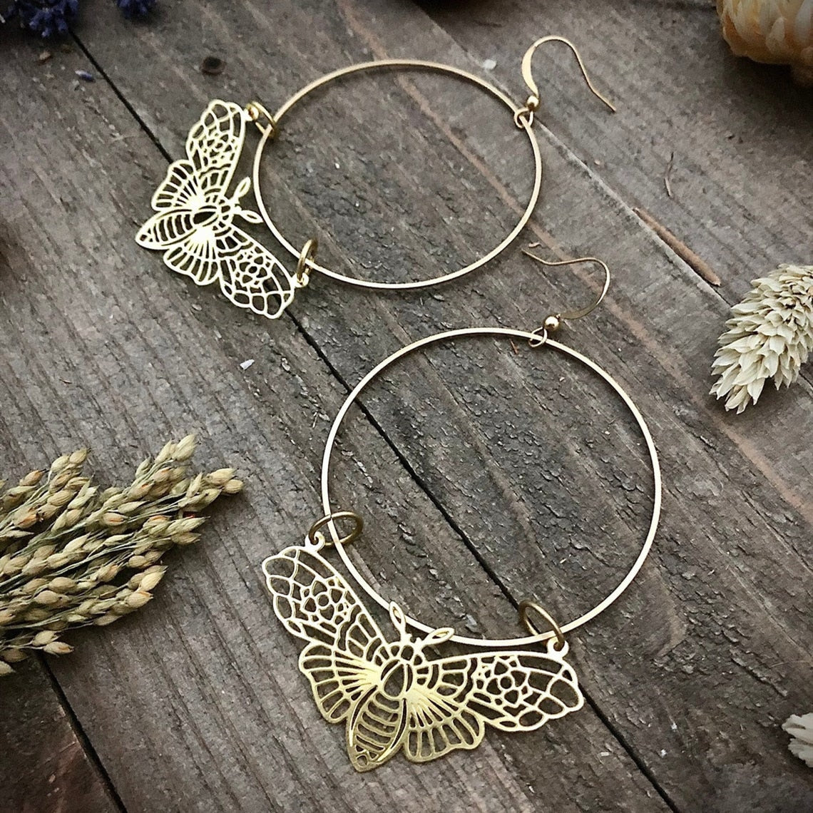 Moth Charm Gold Plated Earrings For Women Girls Boho Jewelry Accessories Hollow Butterfly Pendants Ear Hooks Beautiful Earring