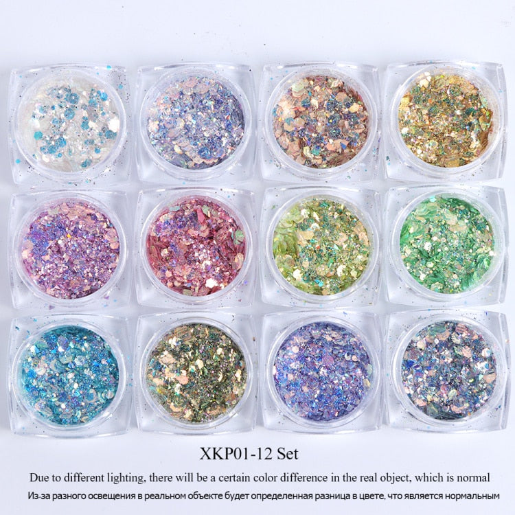 Iridescent Mixed Hexagon Nail Glitter Sequins Holo Flakes Nail Art Powder Gel Polish Paillette Manicure Accessories LADJ01-12-2