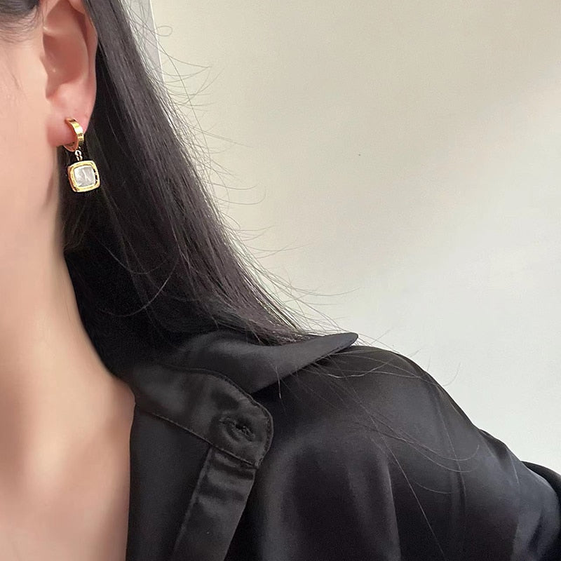 Non Fading Design Sense Stainless steel Shell Square Pendant Ear Button Fashion Jewelry Party Luxury For Woman Girls Earrings