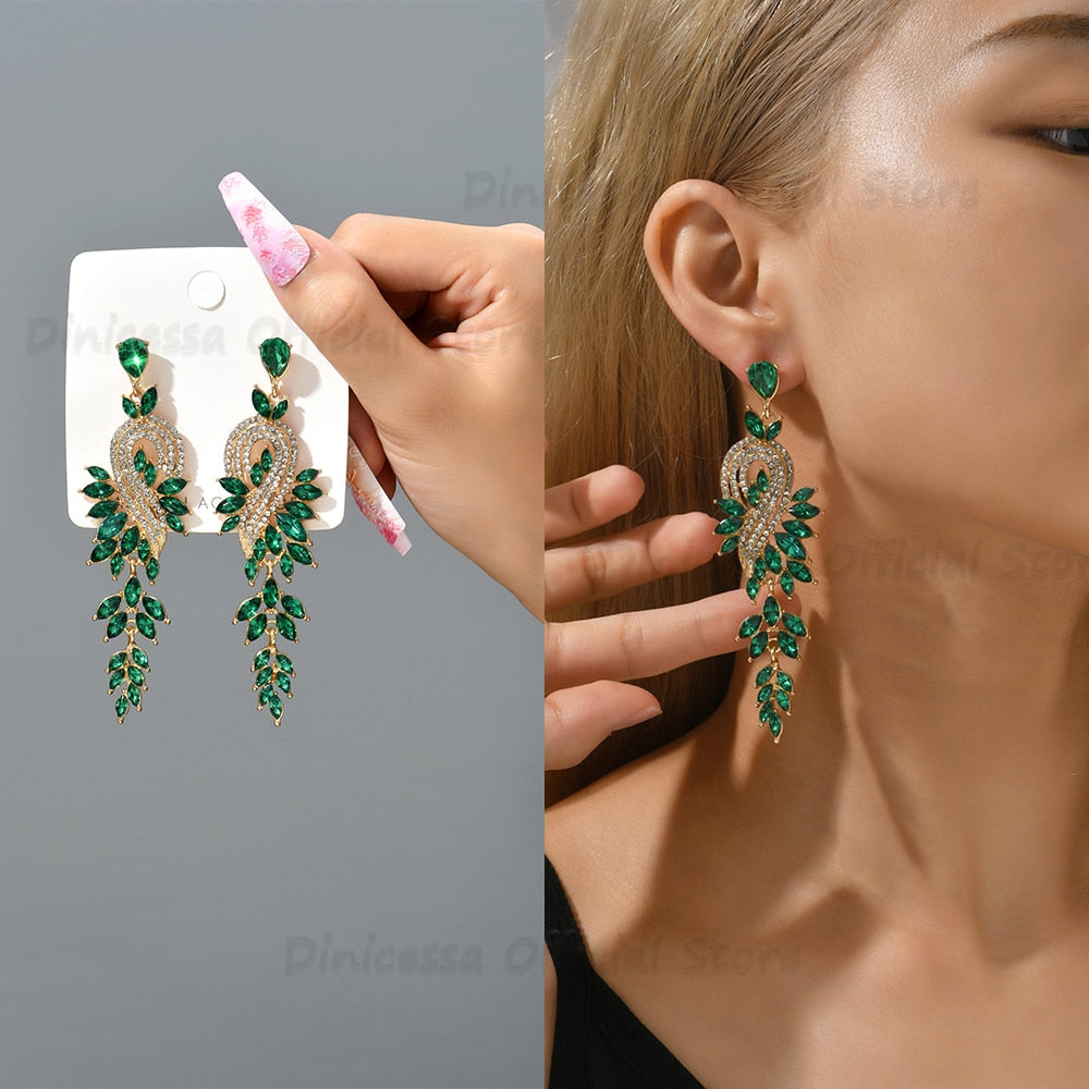 Design Dangle Earrings For Women Girl Luxury Elegant Metal Hollow Chain Leaves Crystal Brincos Pendant Jewelry Ear Accessories