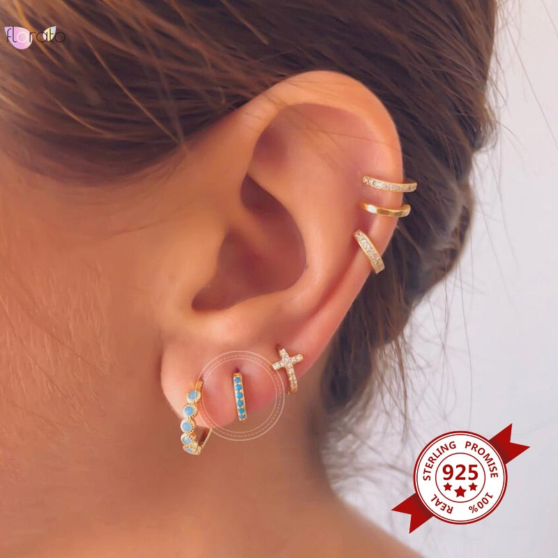 2022 Trend Blue Turquoises Series Hoop Earrings 925 Sterling Silver Ear Needle Small Earrings For Women Delicate Jewelry Pendant
