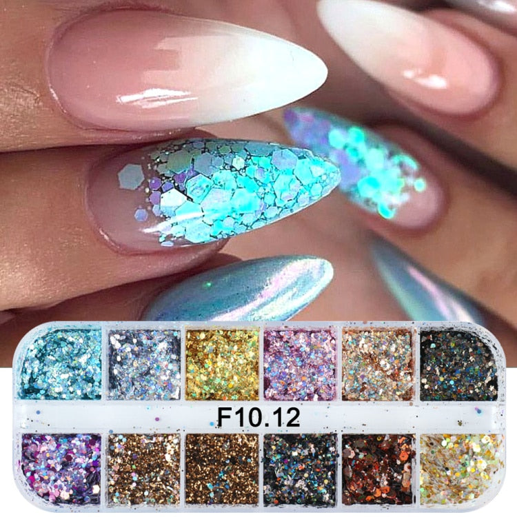 Iridescent Mixed Hexagon Nail Glitter Sequins Holo Flakes Nail Art Powder Gel Polish Paillette Manicure Accessories LADJ01-12-2
