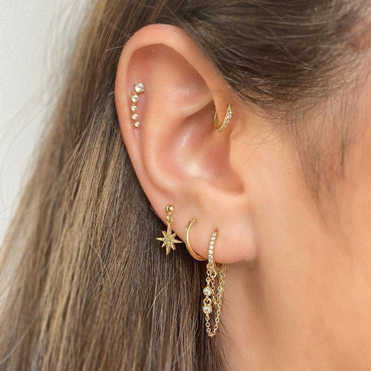 2PCS New Fashion Gold Color Crystal Zirconia Chain Hoop Earrings Women Small Pendant Star Ear Cartilage Earring Piercing Jewelry