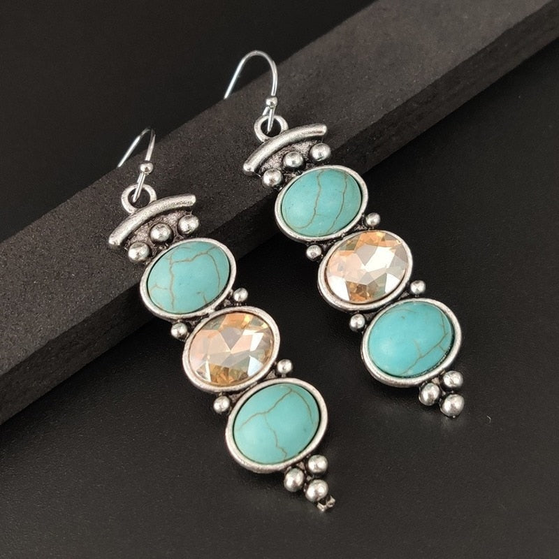Boho Dangle Earrings for Women Vintage Selenite Turquoise Drop Earrings Ethnic Retro Pendant Ear Hook Beach Party Jewelry Gift