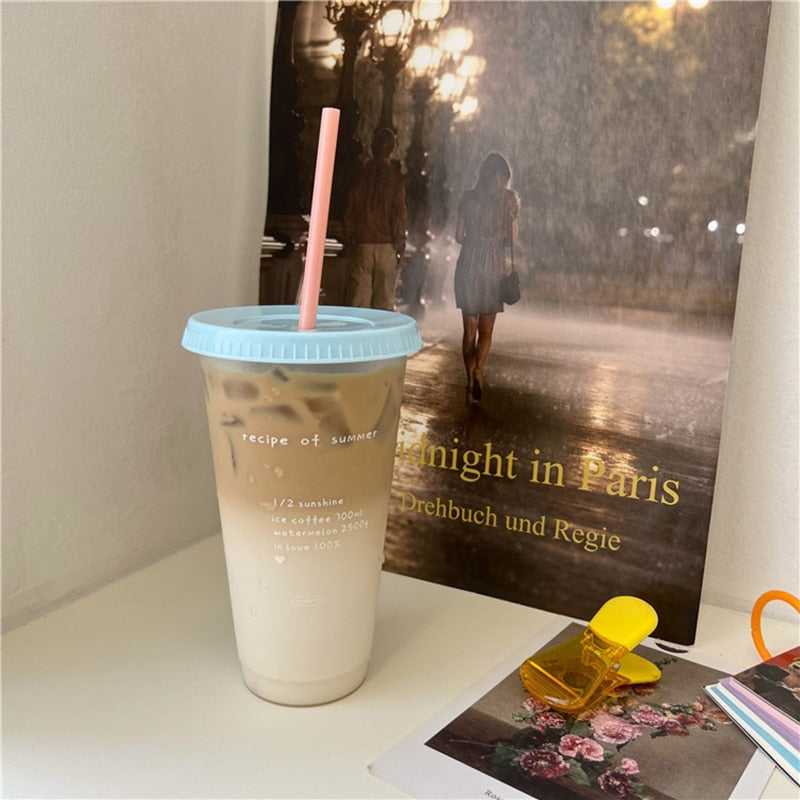 Cute Water Bottle For Coffee Juice Milk Tea Kawaii Plastic Cold Cups With Lid Straw Portable Reusable Drinking Bottle BPA Free