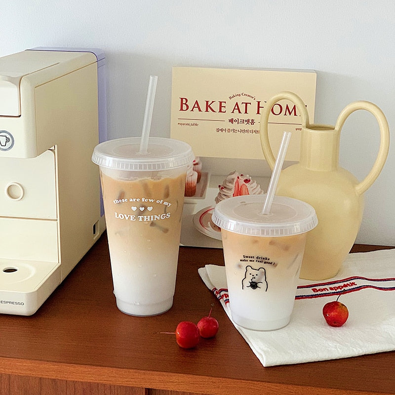 Cute Water Bottle For Coffee Juice Milk Tea Kawaii Plastic Cold Cups With Lid Straw Portable Reusable Drinking Bottle BPA Free