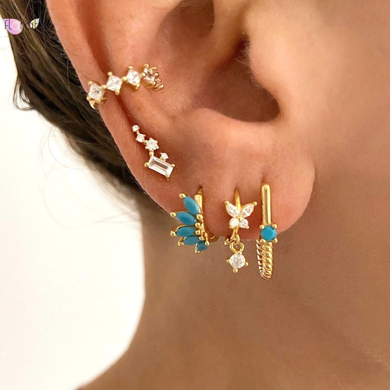 2022 Trend Blue Turquoises Series Hoop Earrings 925 Sterling Silver Ear Needle Small Earrings For Women Delicate Jewelry Pendant