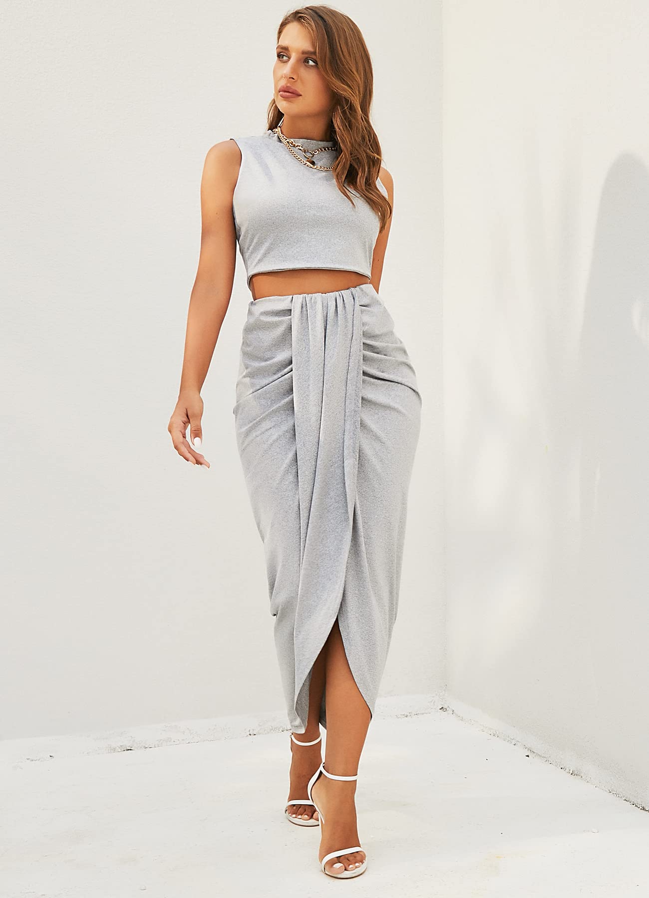 ZAFUL Women’s 2 Pieces Dress Set Sexy Sleeveless Crop Tank Side Slit Twist Skirt Bodycon Maxi Dresses Summer