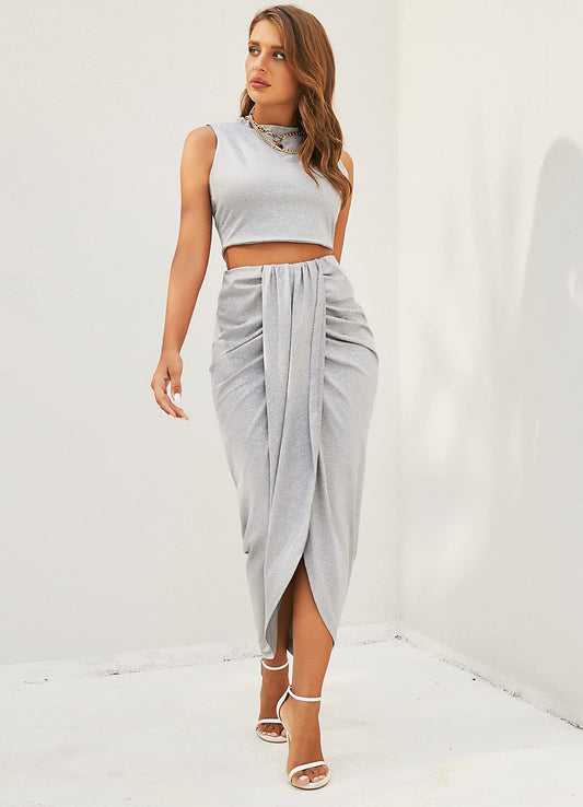 ZAFUL Women’s 2 Pieces Dress Set Sexy Sleeveless Crop Tank Side Slit Twist Skirt Bodycon Maxi Dresses Summer