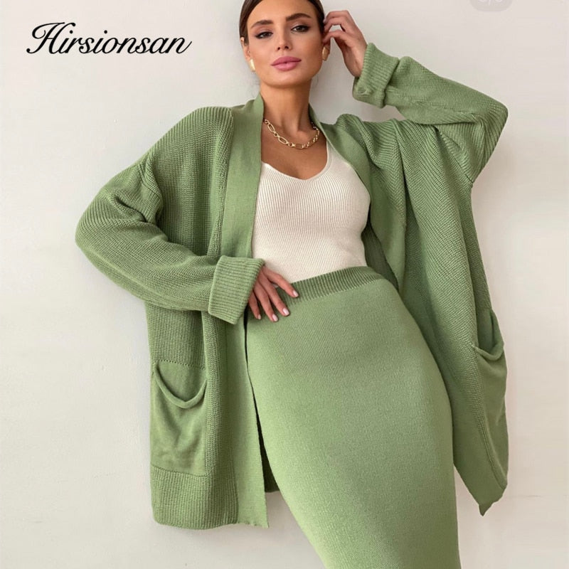 Hirsionsan Soft Vintage Lace Up Women Suits 2 Pieces Female Sets with Belt V Neck Cardigan &amp; Midi Dress Ladies Knitted TrackSuit