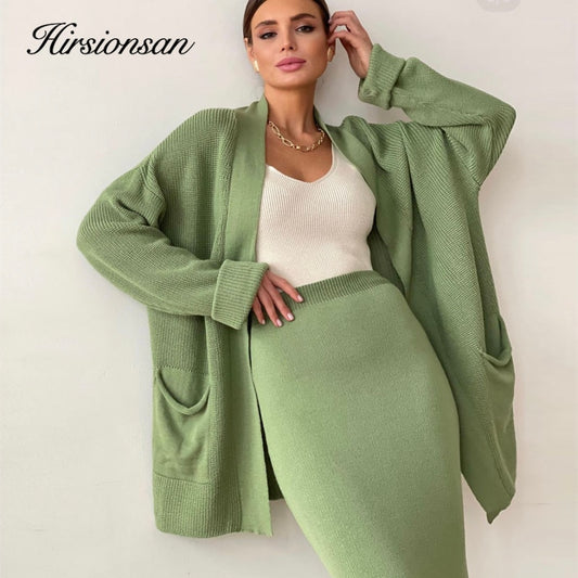 Hirsionsan Soft Vintage Lace Up Women Suits 2 Pieces Female Sets with Belt V Neck Cardigan &amp; Midi Dress Ladies Knitted TrackSuit