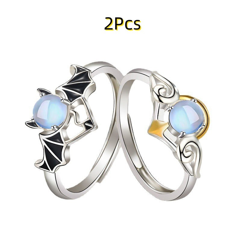 Romantic Angel and Demon Wings Couple Rings For Women Goth Fashion Moonstone Adjustable Opening Finger Men&#39;s Ring Party Jewelry