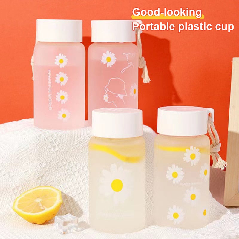 Large Mouth Frosted Daisy Portable Hemp Rope Plastic Water Cup Summer Fashion Girl Casual Water Bottle