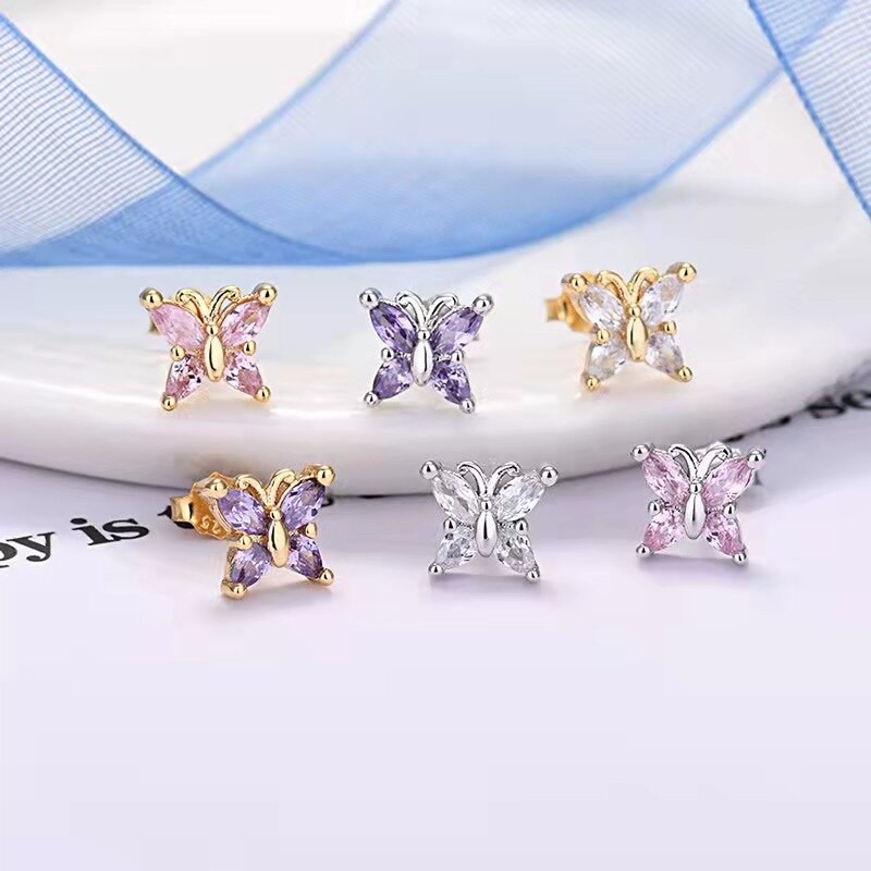 925 Sterling Silver Ear Needle Butterfly Hoop Earrings Colorful Crystal Animal Pendant Earrings for Women Party Fashion Jewelry