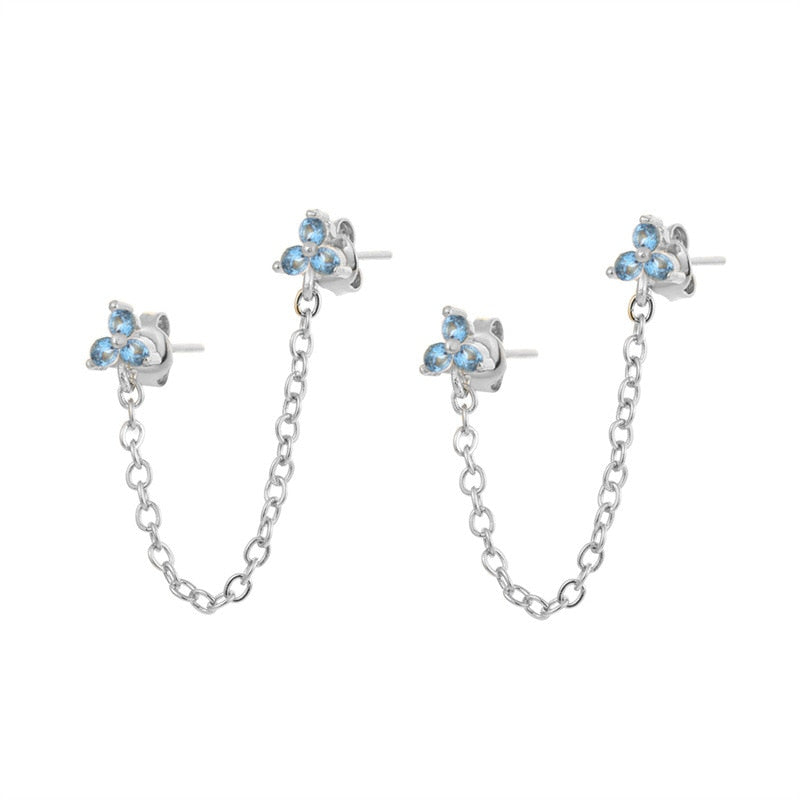 New Stainless Steel Cubic Zirconia Link Chain Ear Studs Earrings For Women Triangle Pendant Cartilage Earrings Piercing Jewelry