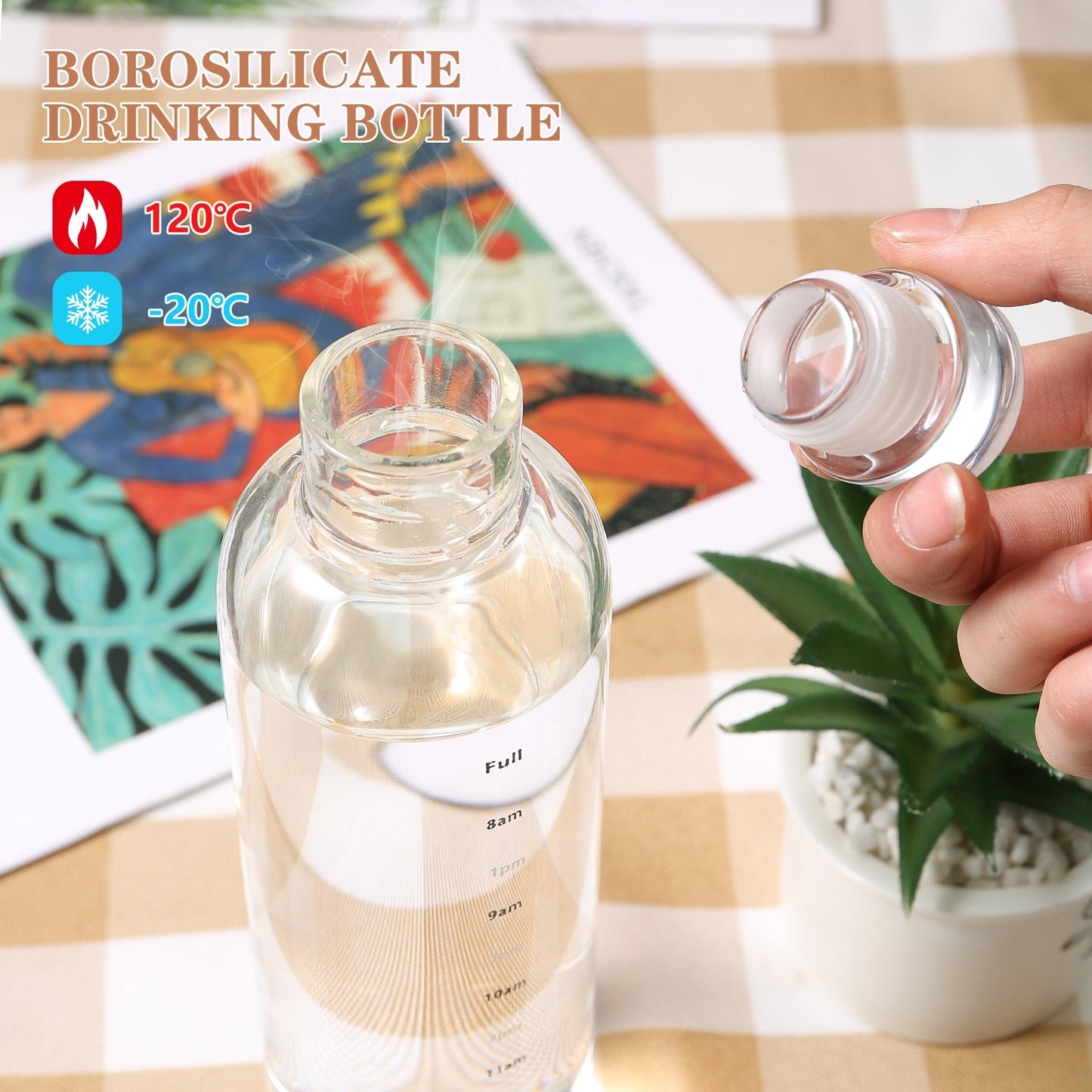 Botella de agua de vidrio de gran capacidad con marcador de tiempo, cubierta transparente para bebida de agua, leche, jugo, taza Simple, regalo de cumpleaños, 750ml