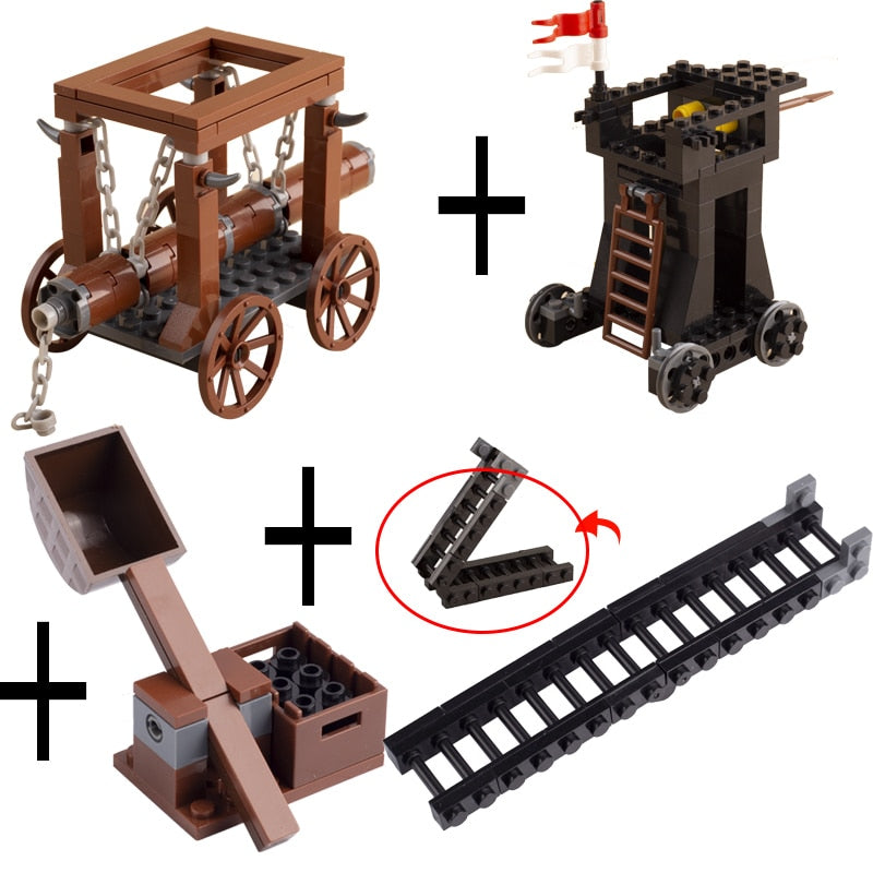 Medieval Castle Wall Model Building Blocks Ancient Military Siege Weapons Tent Watchtower Chariot Bonfire Carriage Bricks Toys