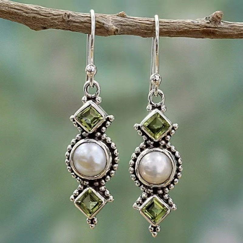 Boho Dangle Earrings for Women Vintage Selenite Turquoise Drop Earrings Ethnic Retro Pendant Ear Hook Beach Party Jewelry Gift