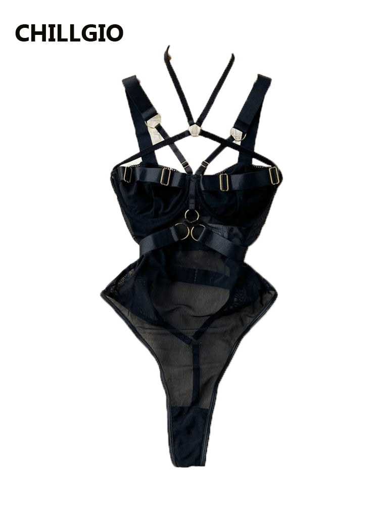 CHILLGIO Women Bodysuits Lingerie Sexy Fashion Sleepwear Hollow Combination Catsuits Slim Intimate Erotic Mesh Strappy Rompers